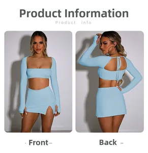 Front and back detail of light blue square neck crop top and mini skirt set