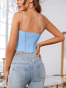 Detail of light blue mesh corset top with slim straps and back zipper closure