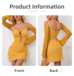 Detail view showing front and back of mustard yellow slim-fit dress with side drawstrings