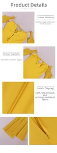 Detail view of yellow slim-fit dress with mesh sleeves and invisible back zipper