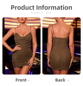 Close-up of front draped neckline and back zipper detail of a brown sequin party dress