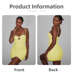 Front and back detail of a yellow ruched mini dress with cutout and thin straps