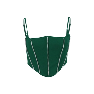 Détail du haut corset vert foncé avec des accents de strass argentés parallèles
