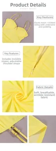 Detail view of yellow mesh dress showing adjustable straps, zipper and padded underwire cups