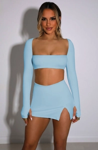 Detail view of light blue square neck cropped top and side slit mini skirt set