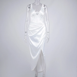 Detail of white satin corset maxi dress with elegant ruched draping and a high side slit