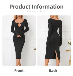Detail of black bodycon dress with hollow-out neckline and back slit design