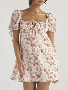 Women French Vintage Floral Mini Dress Square Neck Backless Puff Sleeve Pink Rose Print A-Line Vacation Dress
