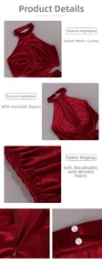Détails de la robe en velours rouge avec mesh, fermeture éclair invisible et boutons perle