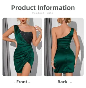 Vue détaillée de l'avant et de l'arrière de la mini-robe en satin à paillettes vert émeraude
