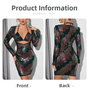 Vue avant et arrière de la robe à paillettes avec découpe à la taille et manches