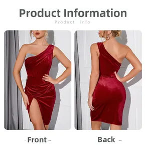 Detail of burgundy velvet one-shoulder mini dress with sequins and ruched slit