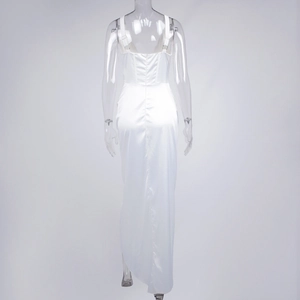 Detail view of the white satin dress back showing the sleek hidden zipper and slim fit
