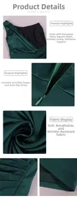 Détails d'une robe de cocktail en satin vert foncé avec résille à paillettes et corset