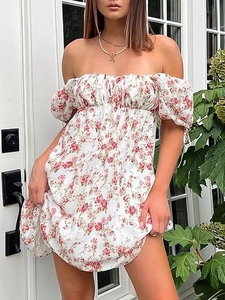 Floral A-line summer dress with puff sleeves and off-shoulder drawstring neckline