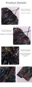 Détails de paillettes colorées, fermeture éclair et doublure douce sur une robe festive