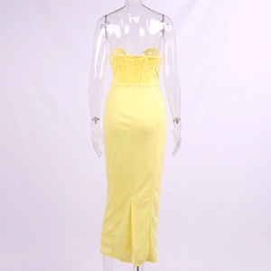 Back view of yellow off-shoulder corset dress with hidden zipper and hem slit detail