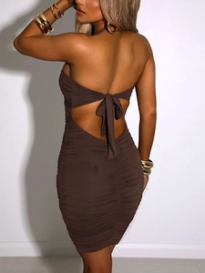 Sexy brown ruched bodycon tube dress with open back and lace-up bow tie detail