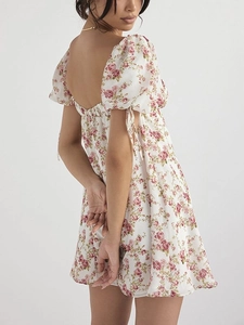 Floral puff sleeve mini dress with open back design in white and red chiffon fabric