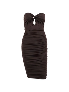Sexy dark brown tube midi dress with ruched details and cutout front design