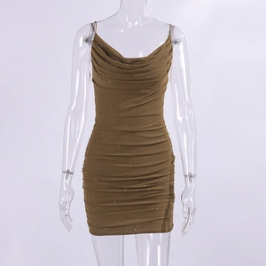 Detail of brown sequin dress featuring a draped cowl neck and thin spaghetti straps