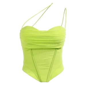 Neon green corset top with irregular straps and pleated chest detail on white background
