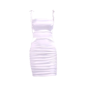 Elegant white ruched satin dress with tie-shoulder straps and waist cut-outs