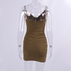 Detail of backless sequin dress in dark brown with thin straps and ruched texture