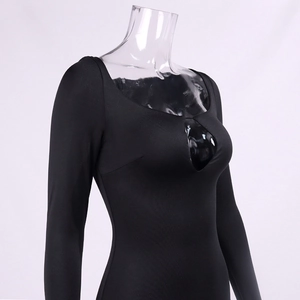 Slim fit black long sleeve dress with sexy keyhole cutout and square neckline design