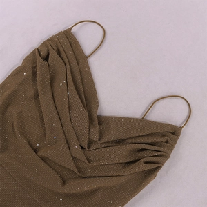 Detail of dark brown sequin bodycon dress with cowl neck and sparkly glitter texture