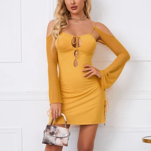 Sexy yellow cold-shoulder long sleeve mini dress with hollow out chest and ruched details