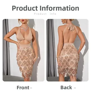 Vues avant et arrière de la robe dos nu à paillettes champagne avec pompons et décolleté en V