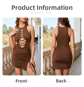 Detail of dark brown sleeveless dress featuring sexy hollow-out lace-up and side slit