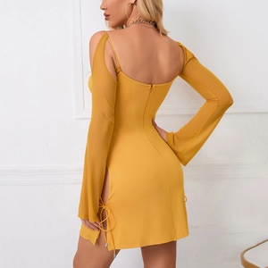Mustard yellow cold-shoulder mini dress with mesh flare sleeves and side drawstring