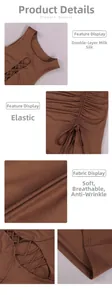 Detail of brown ruched dress with cutout crisscross ties and soft milk silk fabric