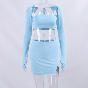 Detailed view of light blue three-piece set with thumbhole cardigan and mini slit skirt