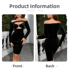 Vista frontal y trasera de un sexy vestido ajustado de terciopelo negro con abertura y metal