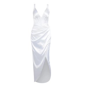 Elegant white satin maxi dress with V-neck, corset bodice and high side slit