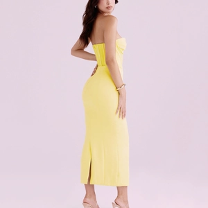 Elegant yellow strapless corset midi dress with a back slit for party wear