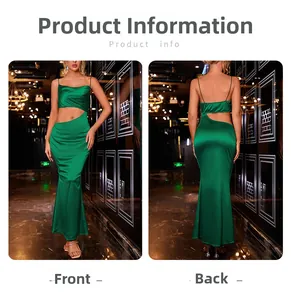Detail of dark green satin dress showing sexy side cutouts and elegant fishtail hemline