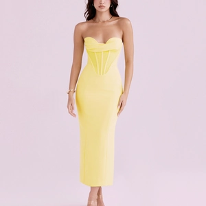 Elegant yellow off-shoulder corset maxi dress with boning detail and slim silhouette