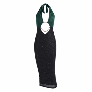 Robe longue sexy à paillettes avec chaîne dorée et col en V profond pour soirée