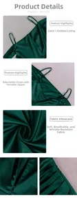 Détails de la robe en satin vert forêt avec bretelles réglables et fermeture invisible