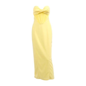 Elegant yellow off-shoulder corset maxi dress with pleated bodice and floor-length skirt