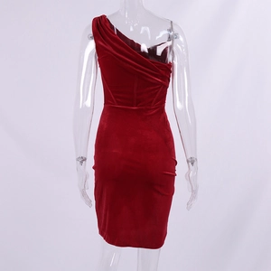Rear view of burgundy velvet one-shoulder dress with ruched detail and structured boning