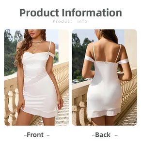 Front and back views of a white satin mini dress with slim fit and ruffle details
