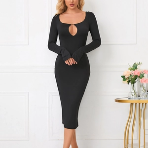 Elegant black long sleeve midi dress with U-neck keyhole detail and slim fit bodycon silhouette