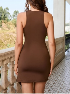 Rear view of chocolate brown sleeveless bodycon dress with racerback and side slit