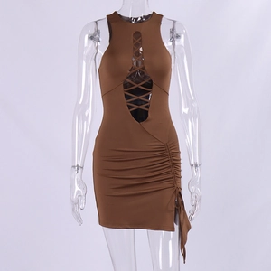 Detail of a brown sleeveless dress featuring lace-up hollow out chest and side drawstring slit
