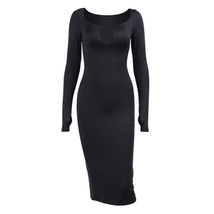 Slim fit black long sleeve dress with cutout neckline and thumbhole cuffs detail